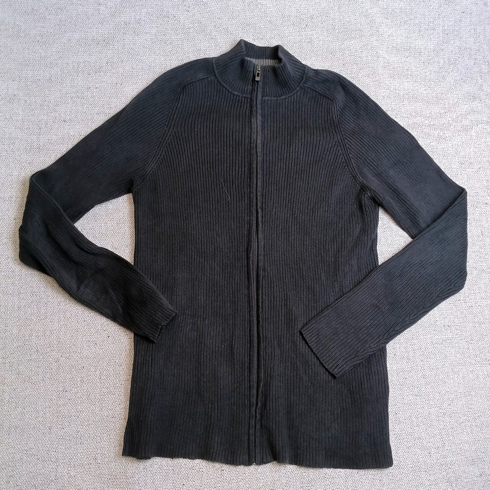 DKNY Jeans Full Zip Cardigan Mens XL Black Excellent Ribbed Mock Neck Cotton